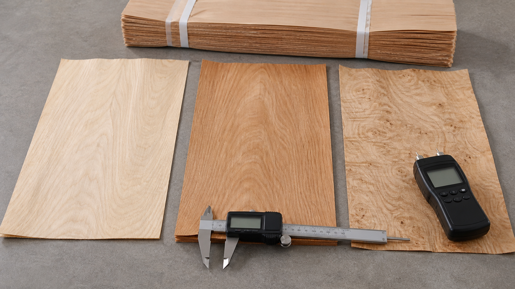 Illustrative rotary cut veneer quality inspection for thickness and moisture